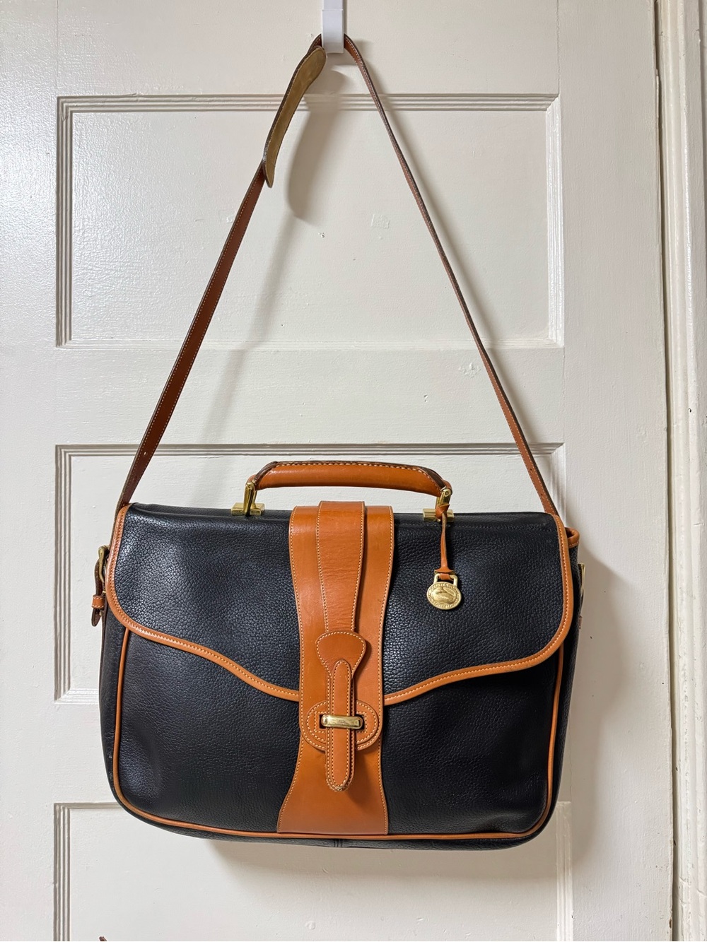 Dooney & Bourke Vintage Black and Brown AWL Equestrian Pebbled Leather Bag